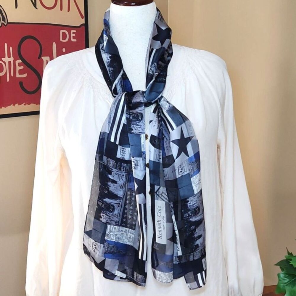 Kenneth Cole NY Blue Silk Oblong Scarf USA Skyline Statue Liberty 10x58 Wrap